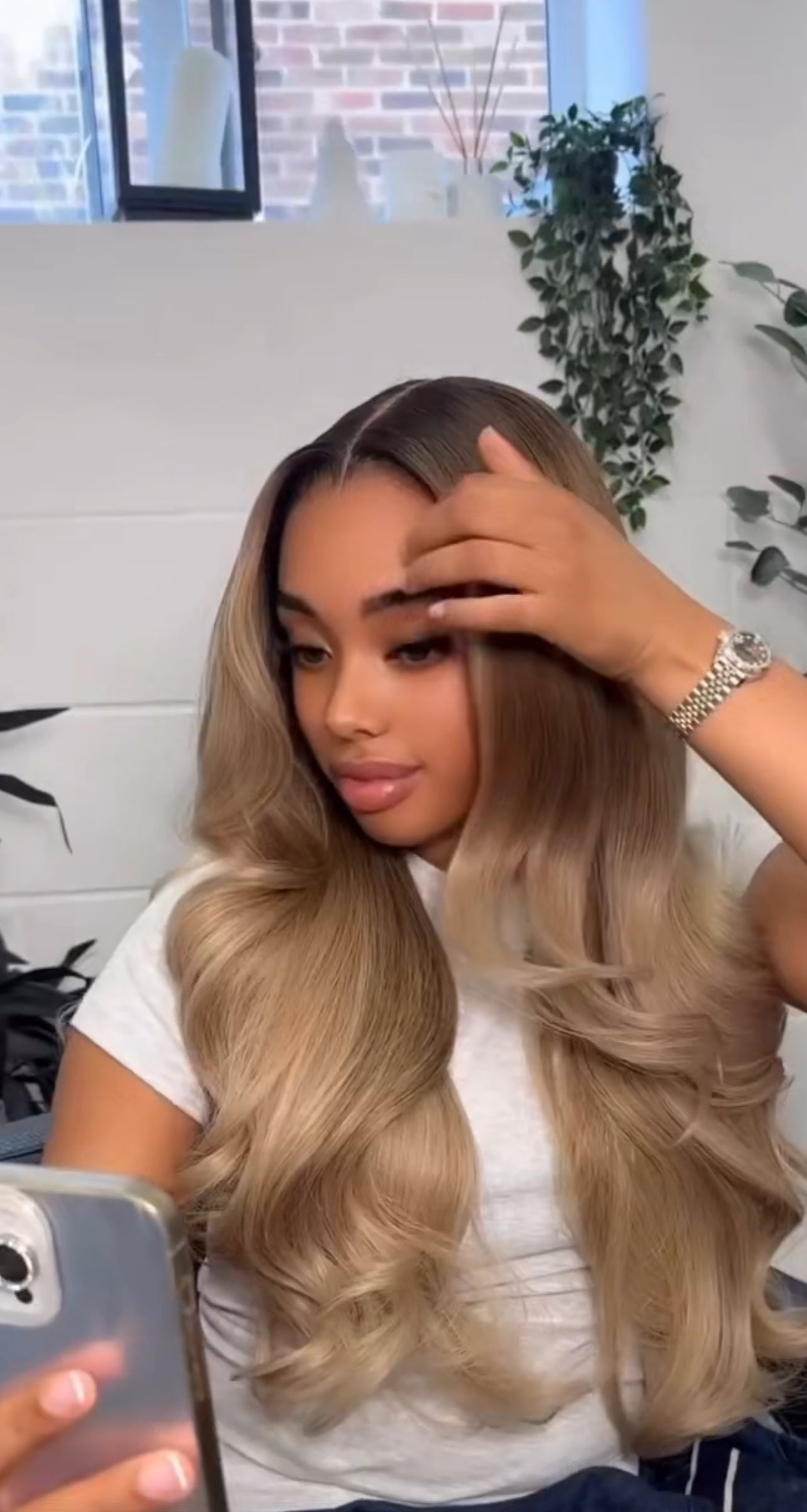 Brown Roots Ash Blonde Curly Wig