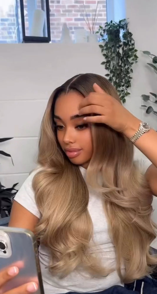 Brown Roots Ash Blonde Curly Wig
